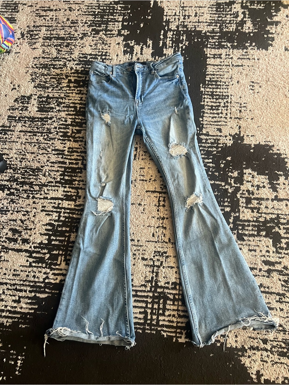 Light Blue Distressed Flare Jeans - Mid-Rise Wide Leg